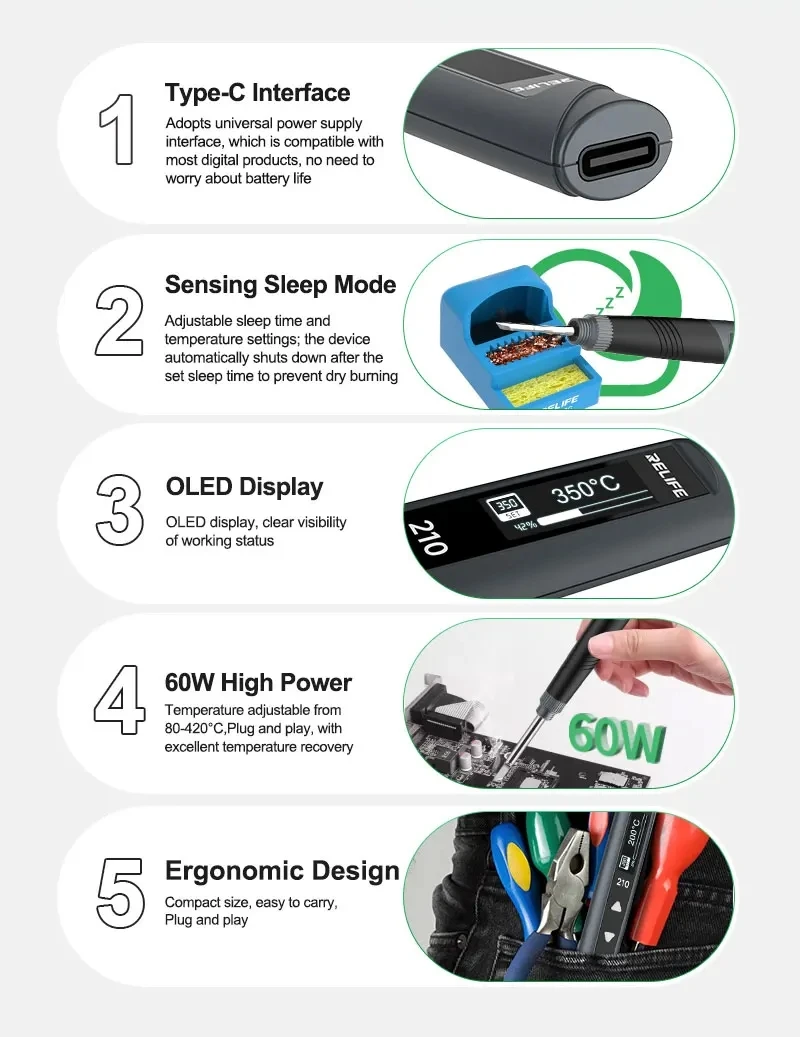 RELIFE 210 60 واط سبيكة لحام محمولة مع نصائح C210-k التدفئة السريعة بدون بطارية لإصلاح لوحة دارات مطبوعة وحام ذاتي الصنع