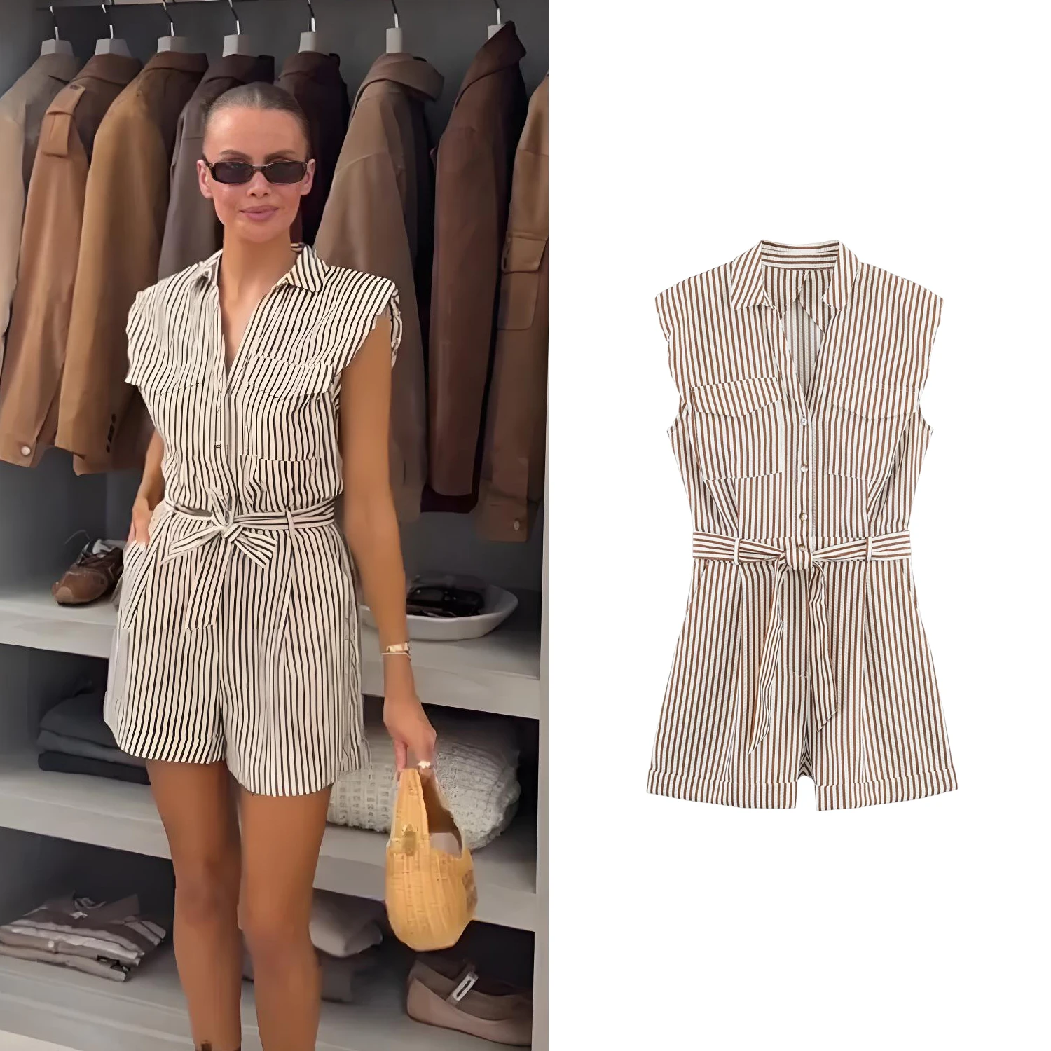 

Casual Women Striped Short Jumpsuit Summer Female Sleeveless Single Breasted Pockets Streetwear Romper Lady Jumpsuits With Belt