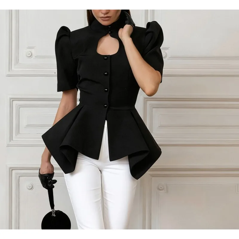 

2026 Spring and Summer New Stand-up Collar Bubble Sleeve Waist Shirt Temperament Elegant Slim and Thin Top