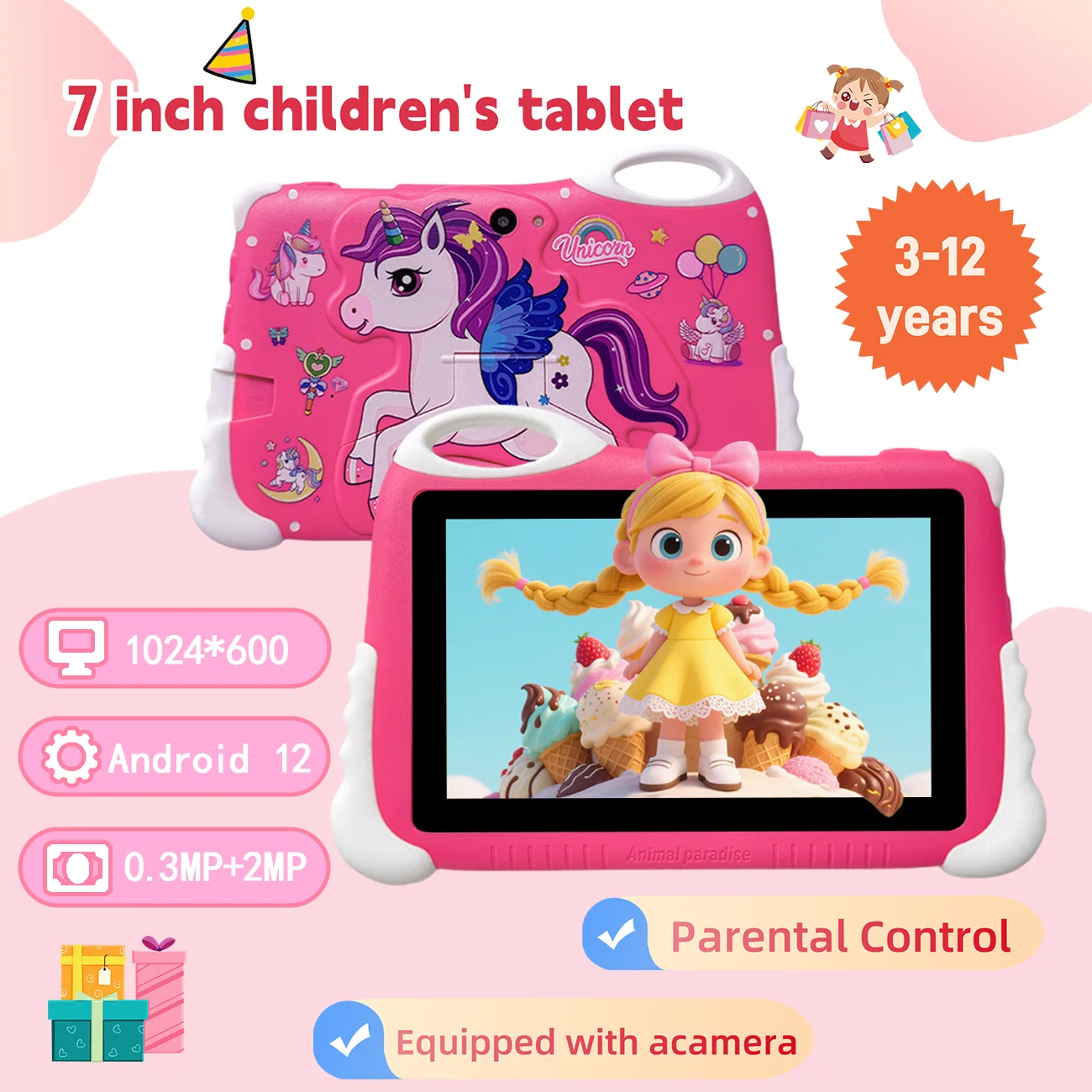 Tablet per bambini da 7 pollici Doppia fotocamera WiFi Controllo parentale I migliori regali per bambini Android Gioco per bambini Apprendimento educativo