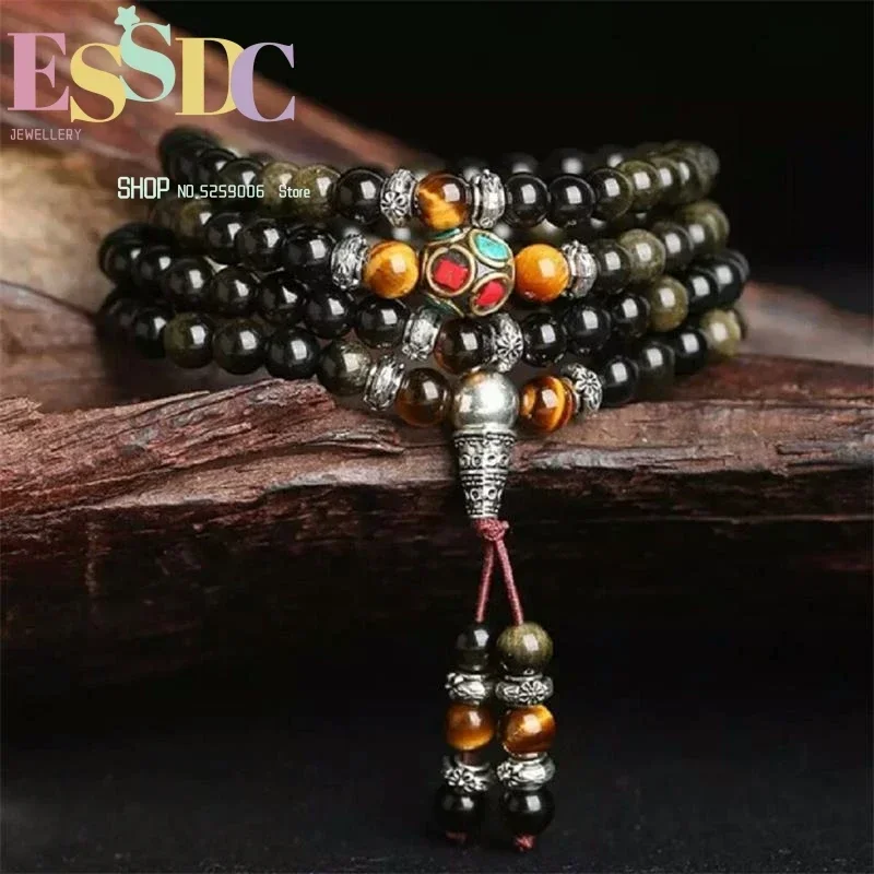 Dropship 6mm Genuine Golden Obsidian 108 Beads Prayer Mala Nepal Cooper Charm Tiger Eye Stone Men & Women Meditation Bracelet