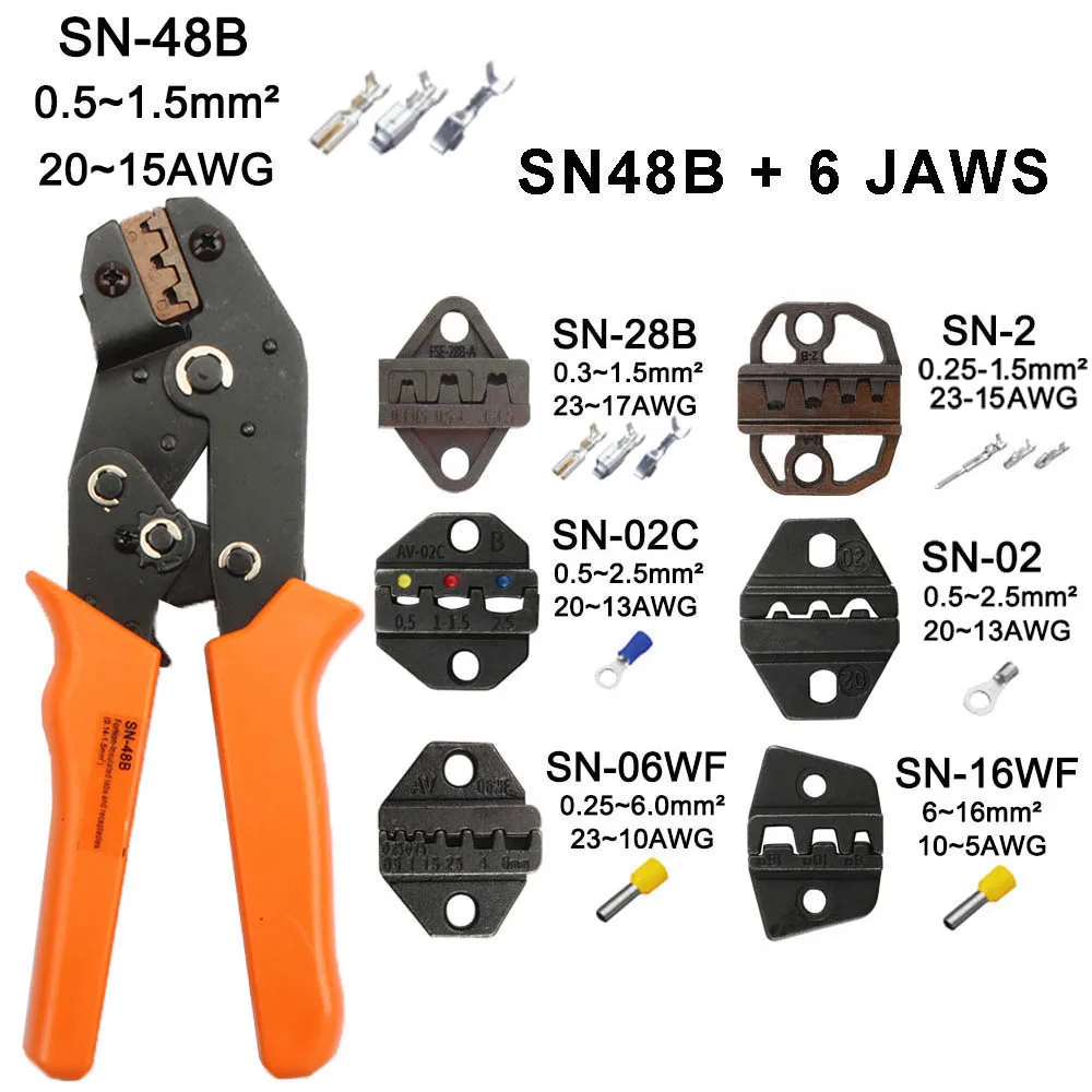 Alicates de prensado de SN-48B, kit de terminales aislados de tubo, bolsa, abrazadera eléctrica, herramientas de marca, 7 mandíbulas, para 2,8, 4,8, C3, XH2.54, 3,96, 2510