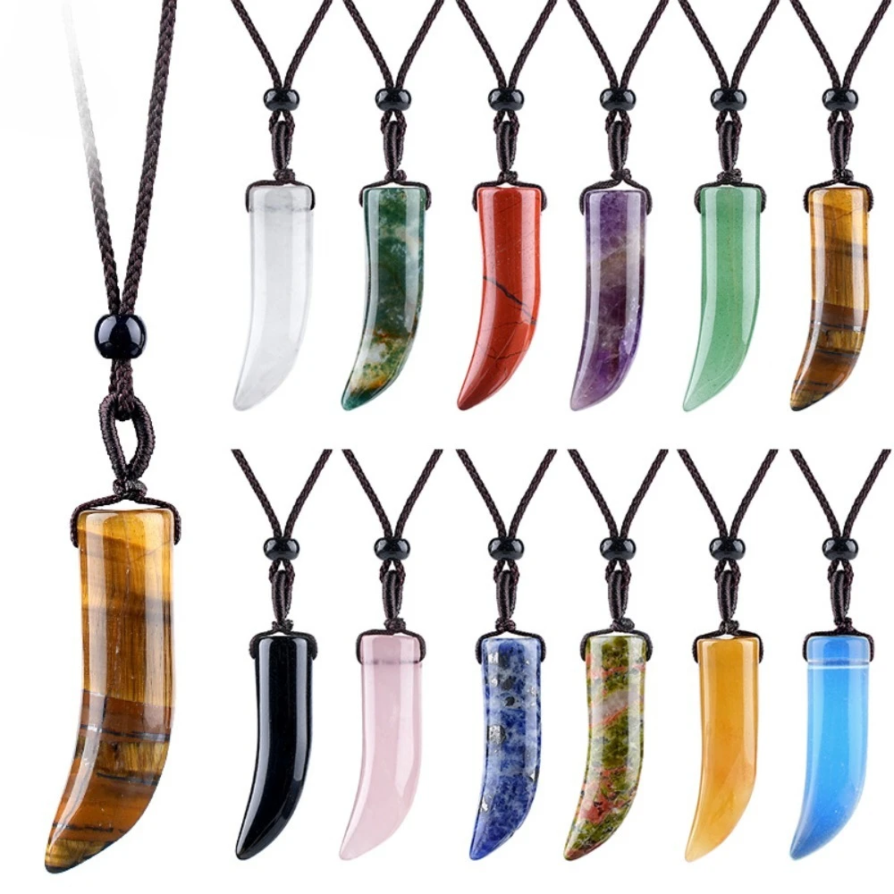 Pendentif en corne de bœuf en pierre naturelle, collier réglable pour la guérison Reiki et les chakras, améthyste, œil de tigre, cadeau tendance pour couple