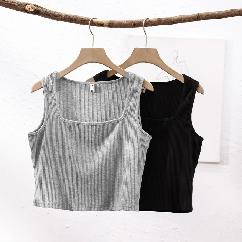 Casual Knitted Cotton Crop Tops For Women Ribbed Vintage Square Collar Sleeveless Basic Streetwear Tank Tops