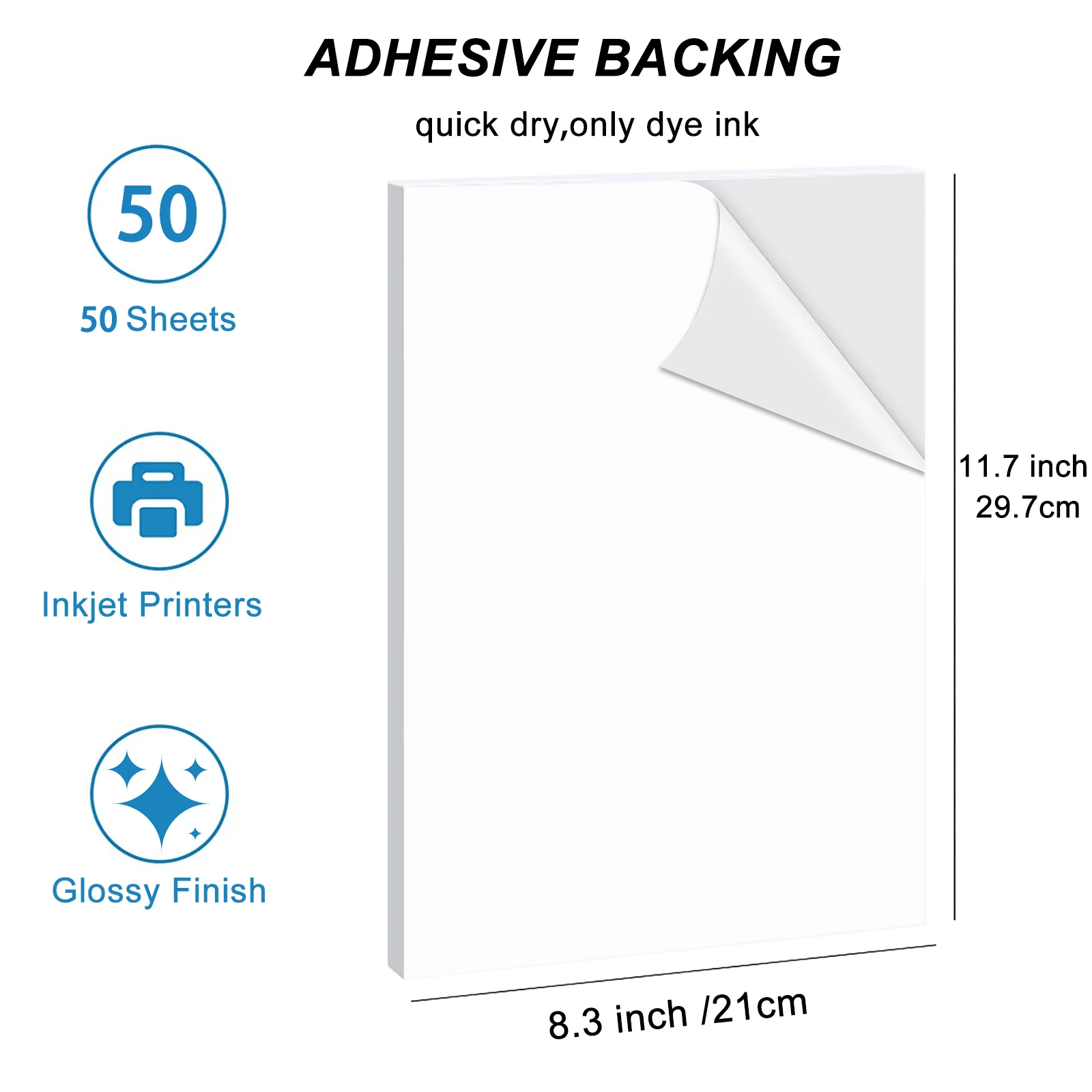 50 Sheets A4 Glossy White Label Sticker Paper for Inkjet Printing 8.3×11.7" DIY for Mailing, Office, Home Organization & Crafts