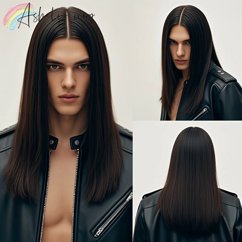 Men'S Black Long Straight Synthetic Wig Realistic Rock Style with Bangs for Cosplay Themed Parties Easy Snap Closure Party