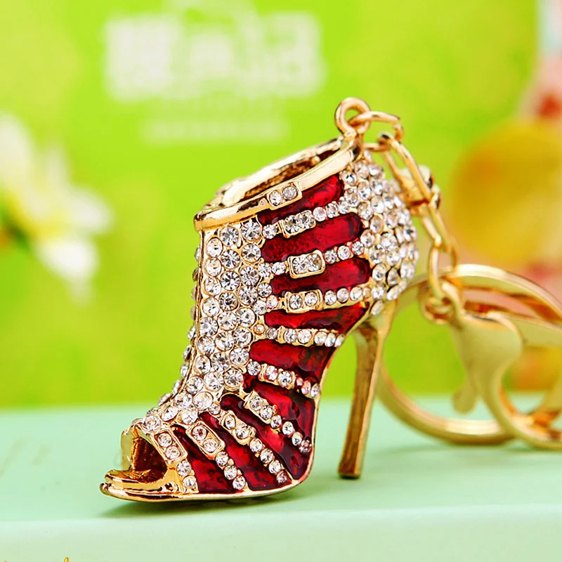 Creative Rhinestones Inlaid Goddess Fish Mouth High Heel Enamel Keychain Women Jewelry Bag Key Keyring