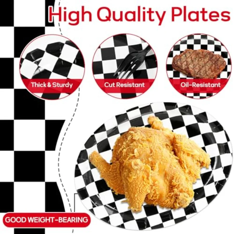 Racing Car Party Oval Paper Plates 11inch Black and White Checkered Flag Plates and Napkins, Dish Tray for Race Fans Birthday P view 4