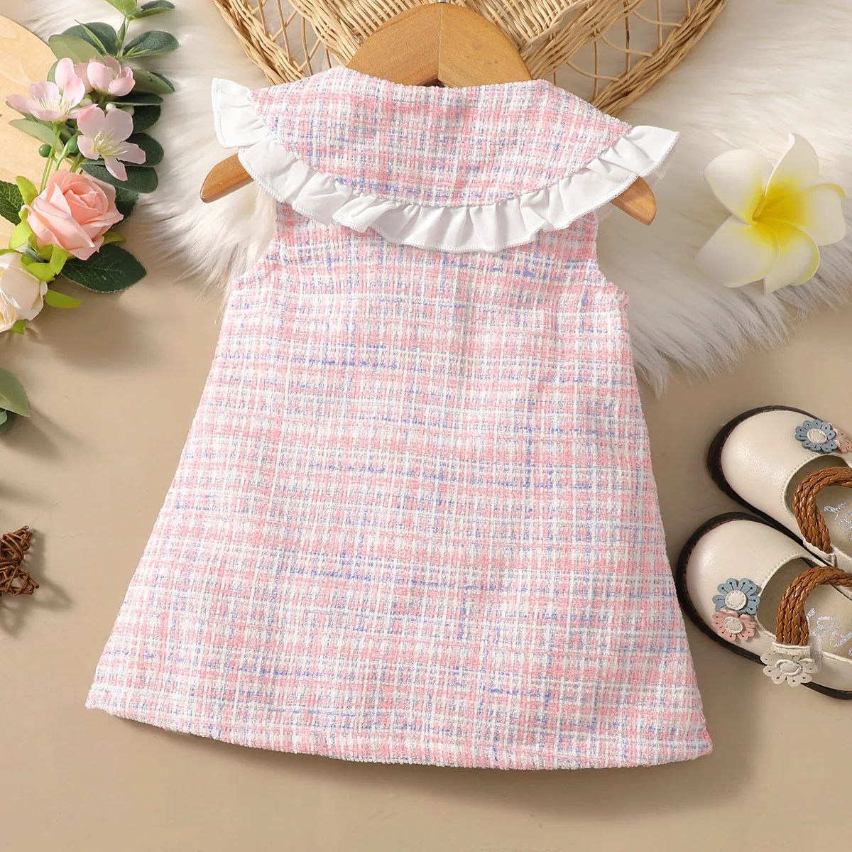 Baby Girl Summer Sweet and Elegant Small Fragrant Color-Blocked Lace Sleeveless Cute Doll Collar Front Button A-Line Dress