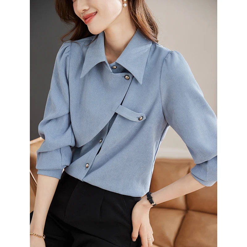 Korean Irregular Blue Blouse Women 2024 Spring New Sanding Fabric Long Sleeve Blouses for Woman Loose Shirt Top Blusas Mujer