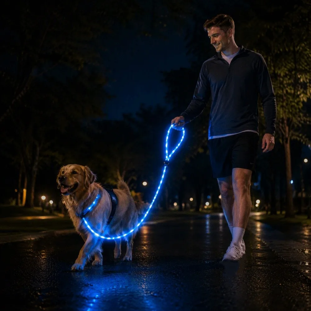 USB Charging LED Dog Leash Spiral Braided Nylon Super Bright LED Pet Traction Rope Soft Foam Handle Type C Fast Charging