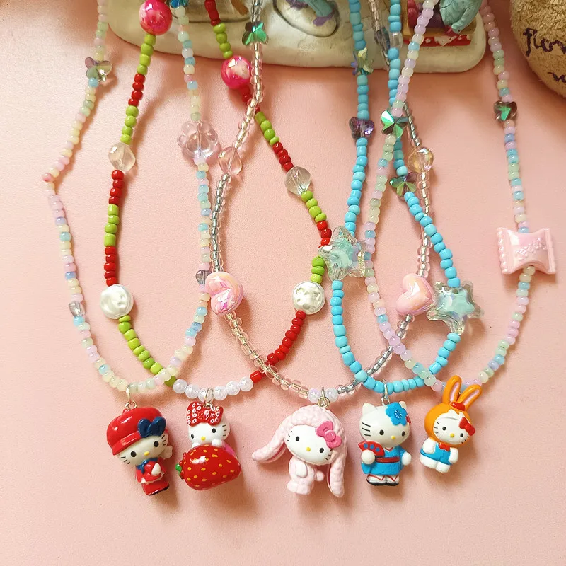 Sanrio Hello Kitty Colored Bead Jewelry Cartoon Rabbit Strawberry Vacation Short Necklace Girl's Necklace Holiday Gift for Girls