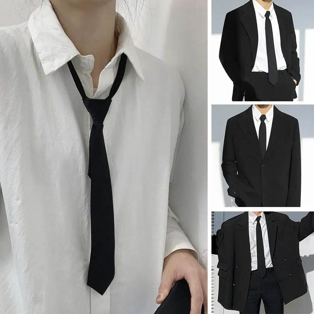 1PC Laços Estudante Retro Preto Sólido Silky Narrow Neck Tie Magro Suave Mulheres Gravata Zipper Casual Elegante All-match Moda Unisex