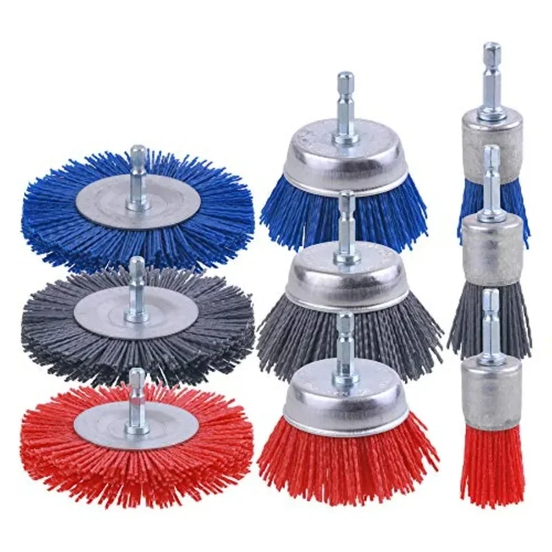 9 Pack Nylon Filament Abrasive Wire Brush Wheel and Cup Brush Set with 1/4 Inch Hex Shank, for Removal of Rust/Corrosion/Paint