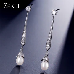 ZAKOL Elegant Imitation Pearl Pendant Long Earrings for Bridal Shiny AAA Cubic Zirconia Wedding Party Jewelry