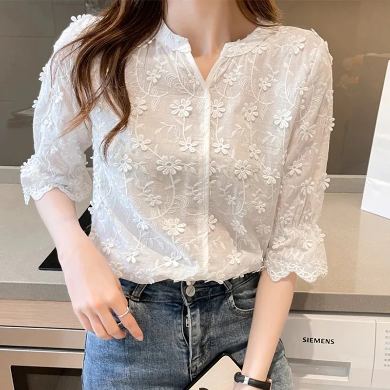 Women\'s Cotton Short Sleeve Lace Blouse, Summer Tops, Embroidery Floral, White Shirt, Fashion Casual Blouses, 9638