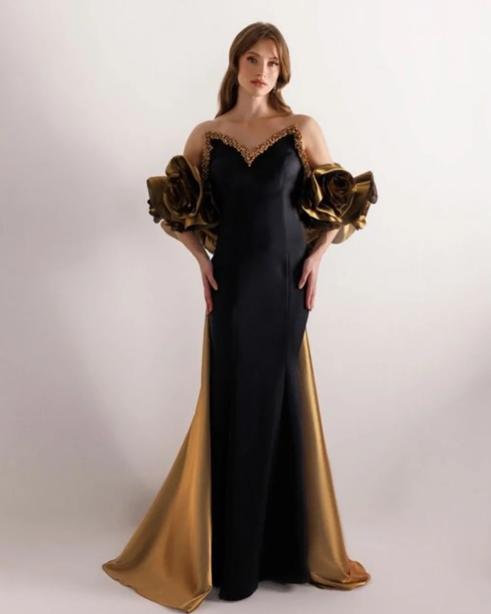 

Customized Exquisite Women Charmeuse Beading Handmade Flower Straight Evening Dress Sexy Fashion V-neck Floor Lenght Party Gowns