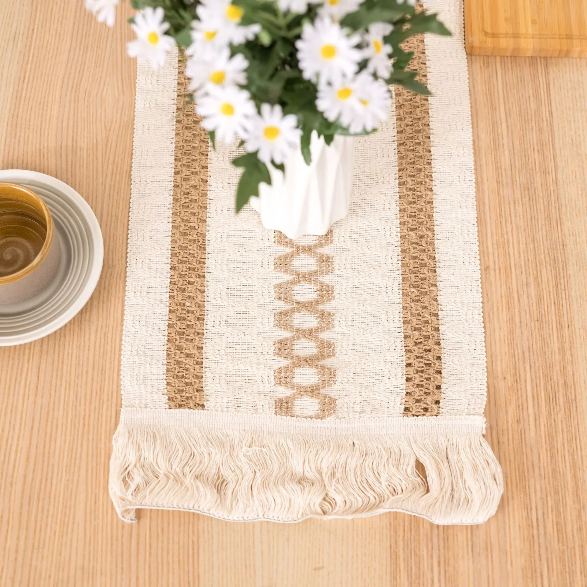 Boho Table Runner Tassels for Home Decor Cream & Brown Farmhouse Table Runner with Tassels for Bohemian Dining Bedroom Decor