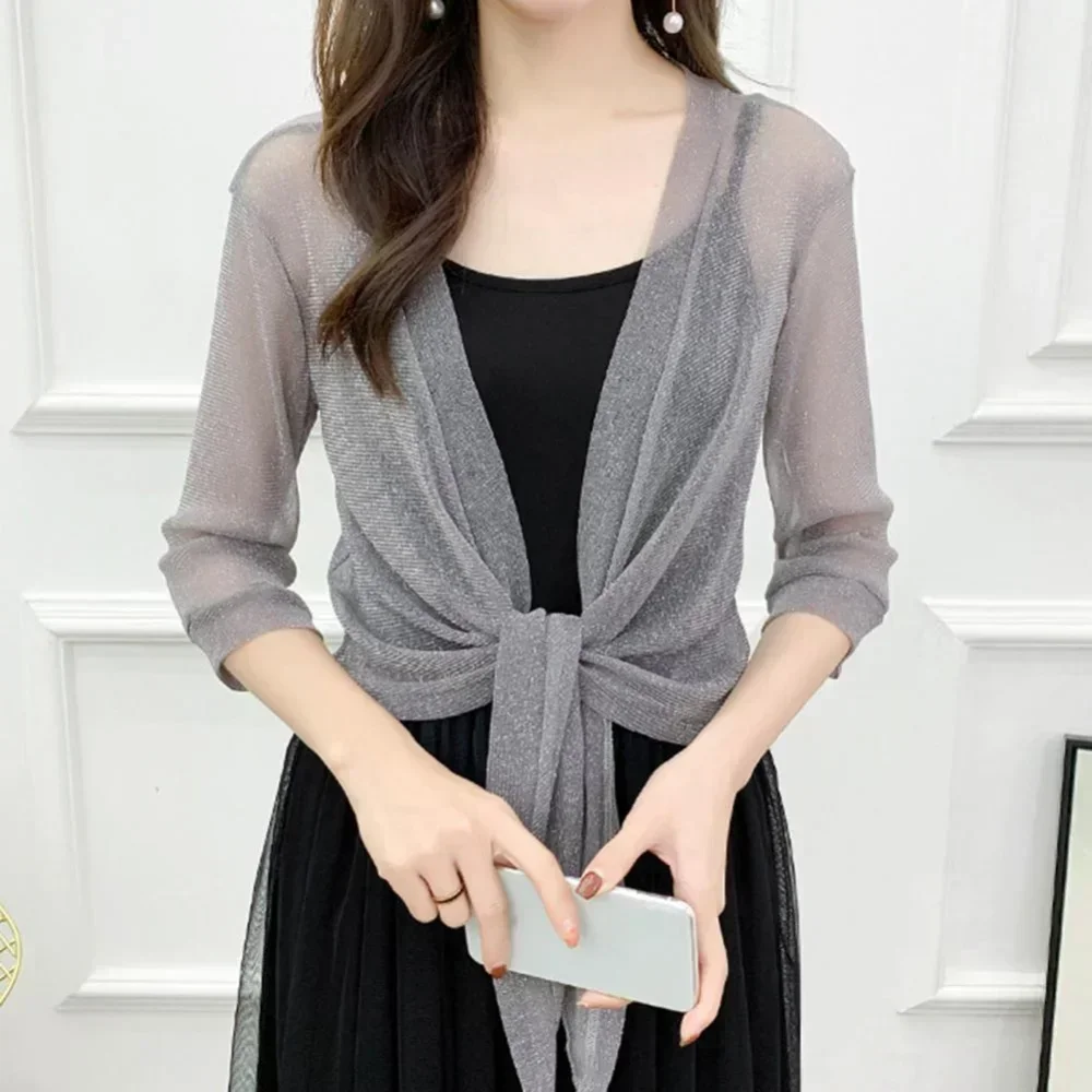 2024 Women\'s Sheer Glitter Lace-up Cardigan Lightweight Jacket Half Sleeve Summer See-through Loose Blouse Women All Match