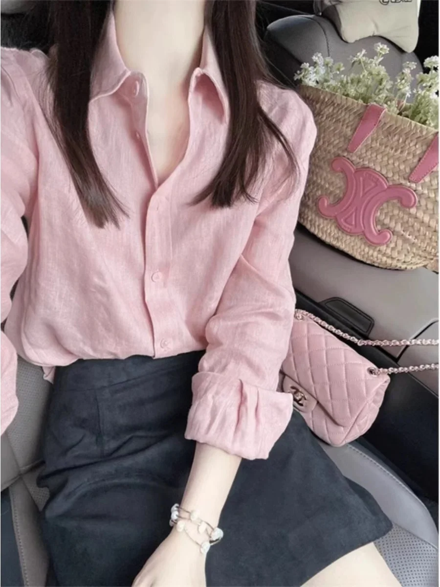 

Женская универсальная приталенная блузка Ele Sweet Pink с длинным рукавом для осени 2025 года, из полиэфирного волокна, прямого кроя, с пуговицами