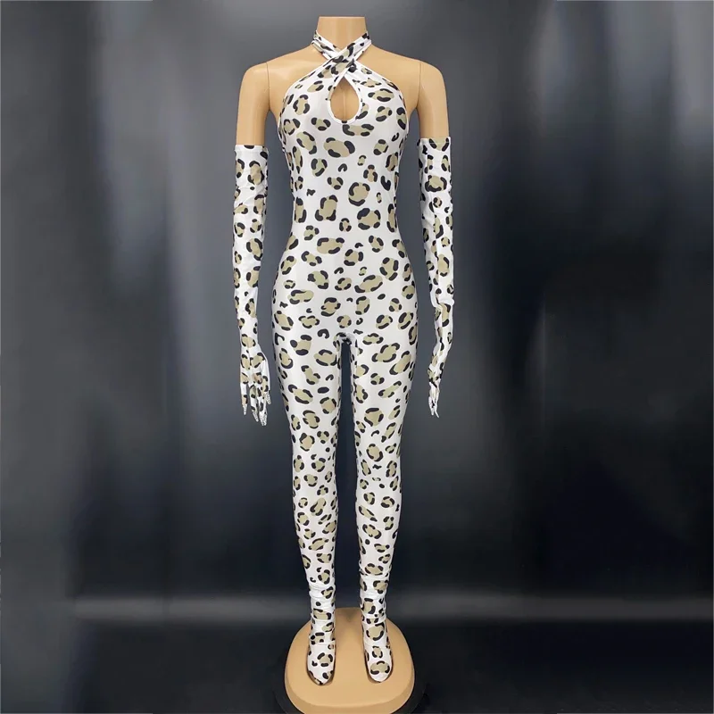 

Сексуальный комбинезон с леопардовым узором, перчатки, женский эластичный комбинезон с лямкой на шее, ночной клуб, бар, DJ, наряд для танцев на пилоне, костюм танцовщицы Gogo XS3183