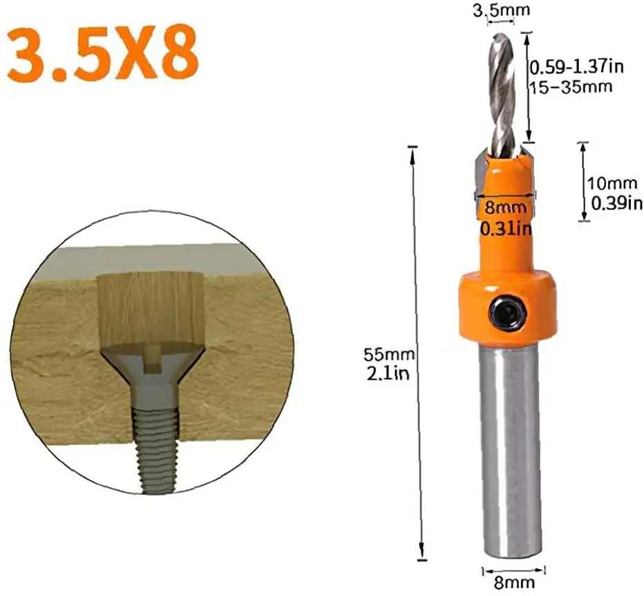8mm Shank HSS Countersink Drill Bit Set with Stop Collars Woodworking Countersink Bit Hole Puncher Tools 5PCS