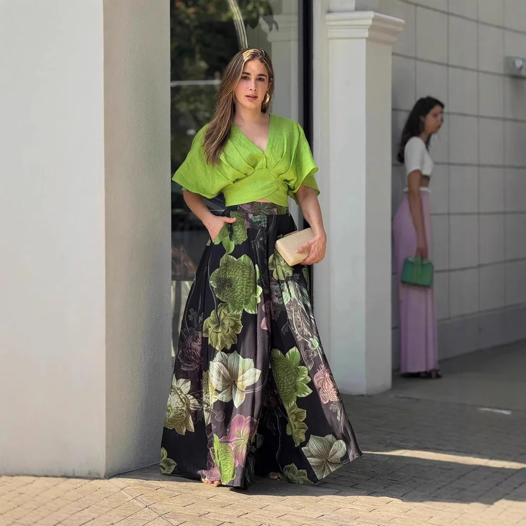 

Two Piece Set Women Top V Neck Flower Print Wide Leg Pants Vintage Suit 2025 summer Office Lady Ensemble Trousers Outfits