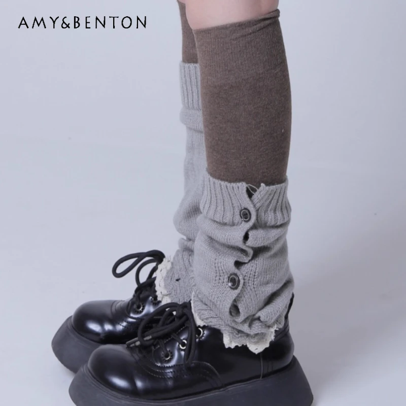 2025 Autumn New Gray Knitted Elastic Calf Women's Socks Retro Design Sweet Versatile Slimming Y2K Subculture Leg Warmers Ladies