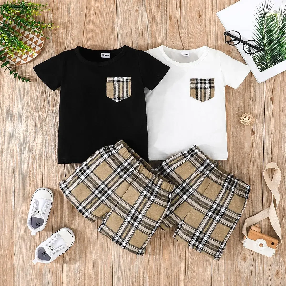 PatPat 2pcs Baby Boy 95% Cotton Short-sleeve Tee and Plaid Shorts Set Suitable for Summer Season Soft and Comfortable