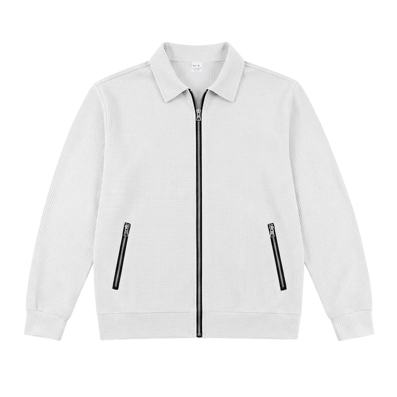 Herren Frühlings- und Herbstjacke aus Waffelstrick mit Reißverschluss, lässig, locker, leicht, mit Kragen, für den Alltag. – Detail 5