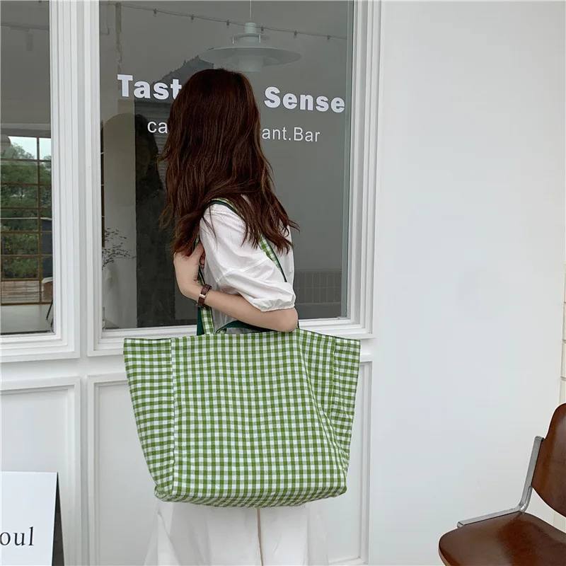 1 pc double-sided Plaid Shopping Bag Reusable 6 Colors large Canvas Shoulder Bag Lady Student Book Handbags Grocery Tote Bag