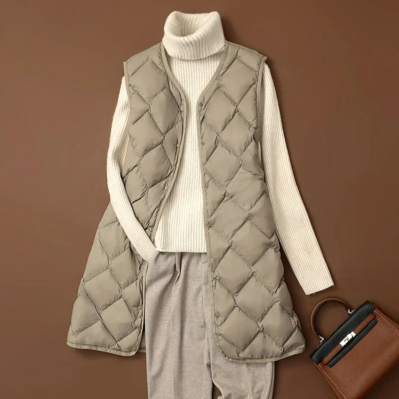 2023 New Arrivals Female Korean V-neck Casual Vest Coat Autumn Winter Women X-Long  White Duck Down Warm Sleeveless Jackets