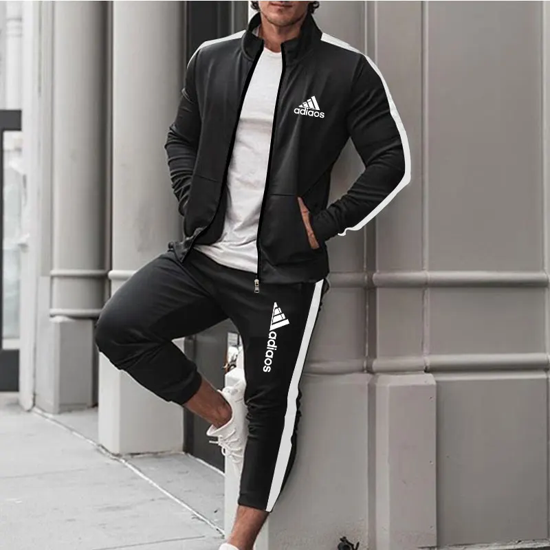 European-style Autumn And Winter New Men's Set Printed Color Matching Striped Tracksuit Stand Collar Jacket And Pants Suit