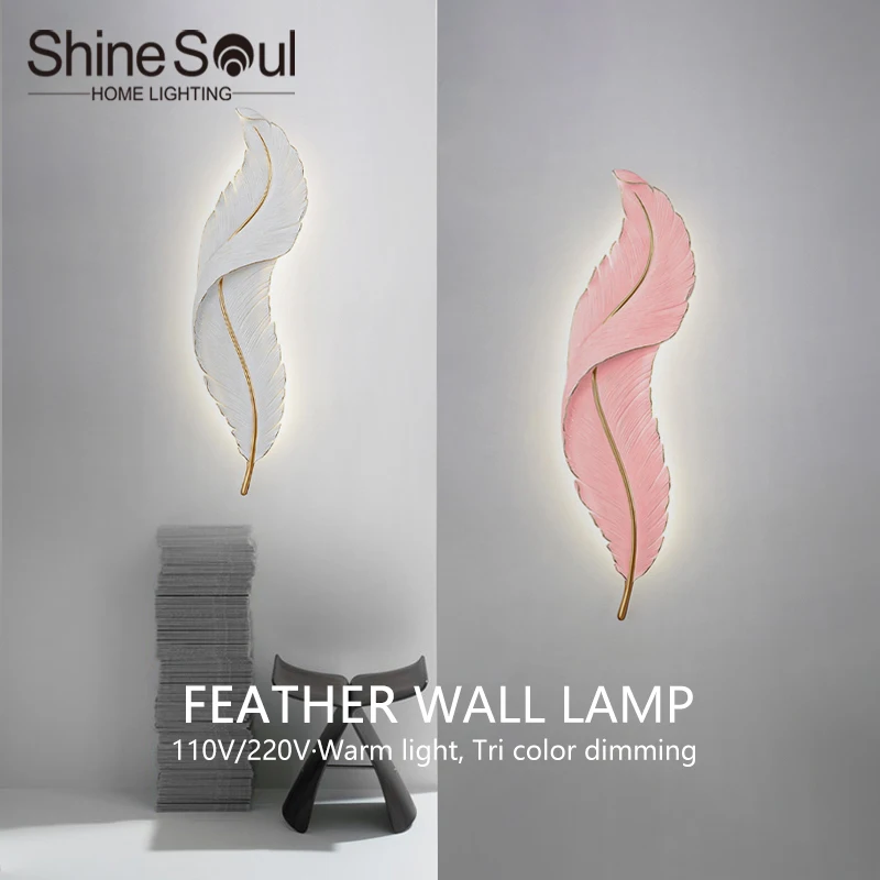 

Modern LED Wall Lapm Nordic Creative Feather Wall Light Bedroom Bedhead Living Room Background Wall Home Decor Resin Light