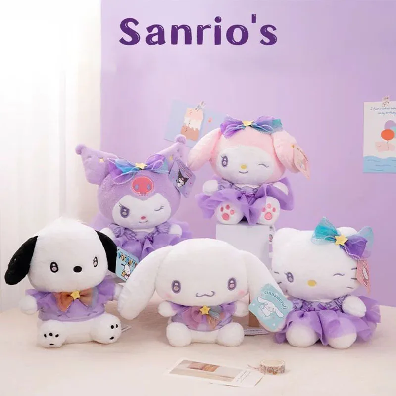 

Licensed Sanrio Characters Purple Dress Plush Doll Kuromi My Melody Cinnamoroll Hello Kitty Cute Soft Stuffed Toy for Girls Gift