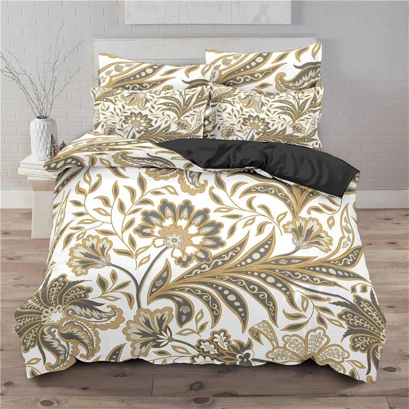 

Golden Floral Bedding Set Twin Queen Duvet Cover Microfiber Bohemia Flowers Leaves Comforter Cover for Teens Adult Bedroom Decor