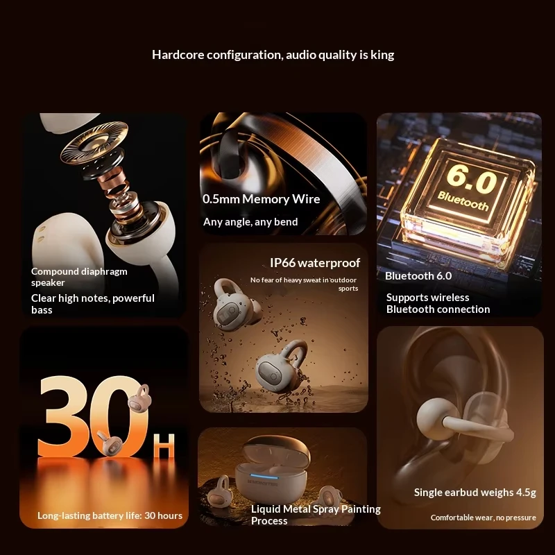 Monster D05 Clip On Earphones Bluetooth 6.0 Smart Call Noise Canceling HiFi Stereo Comfort Fit Long Standby Wireless Headphones