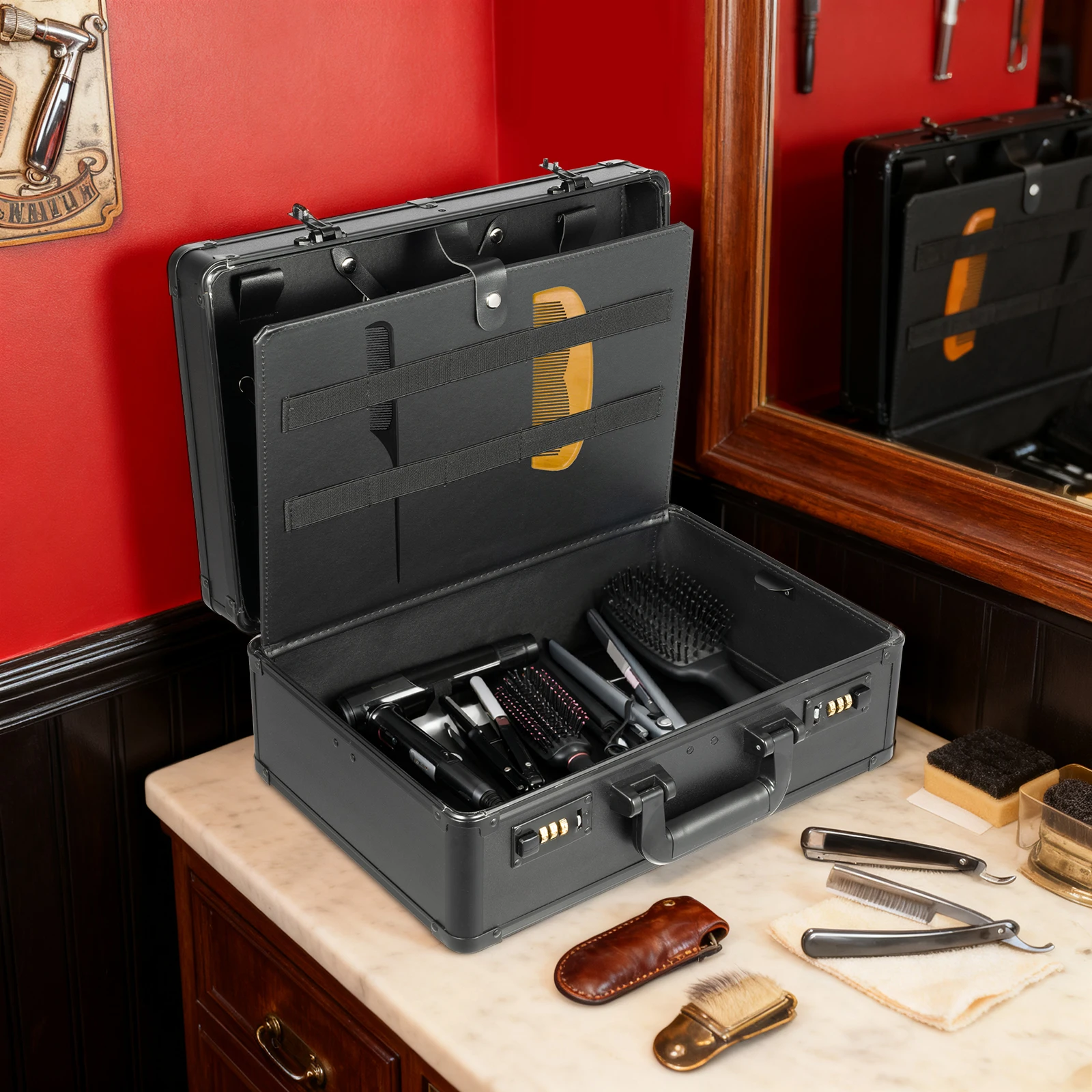 

Black, Hairdressing Toolbox, Portable Barber Beauty Salon Tool Storage Case with Combination Lock, for Hairdresser, Hairstylists
