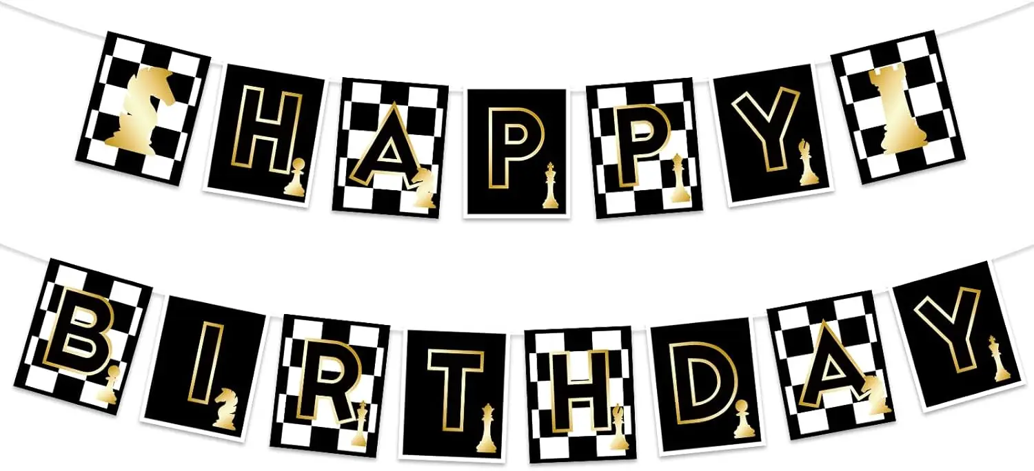 

Chess Happy Birthday Banner - Funny Board Game Party Decorations for Chess Lovers - Checkered Black Decor