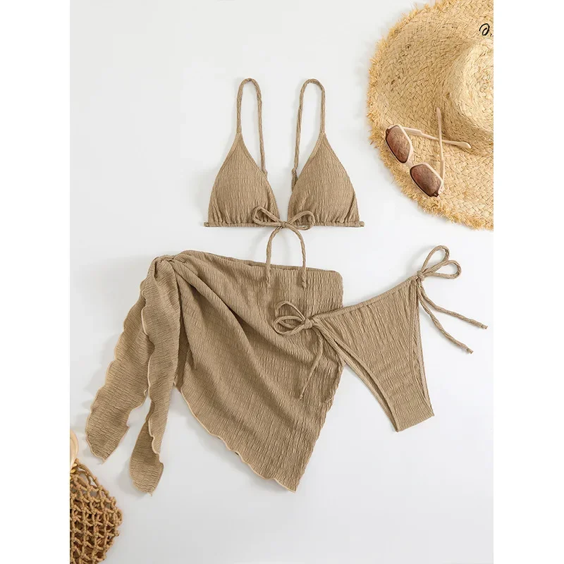 3ピースビキニ レディース水着 2025 女性用水着 ビーチウェア 水泳 水着 カバーアップ ストリングビキニセット トライアングルビキニ