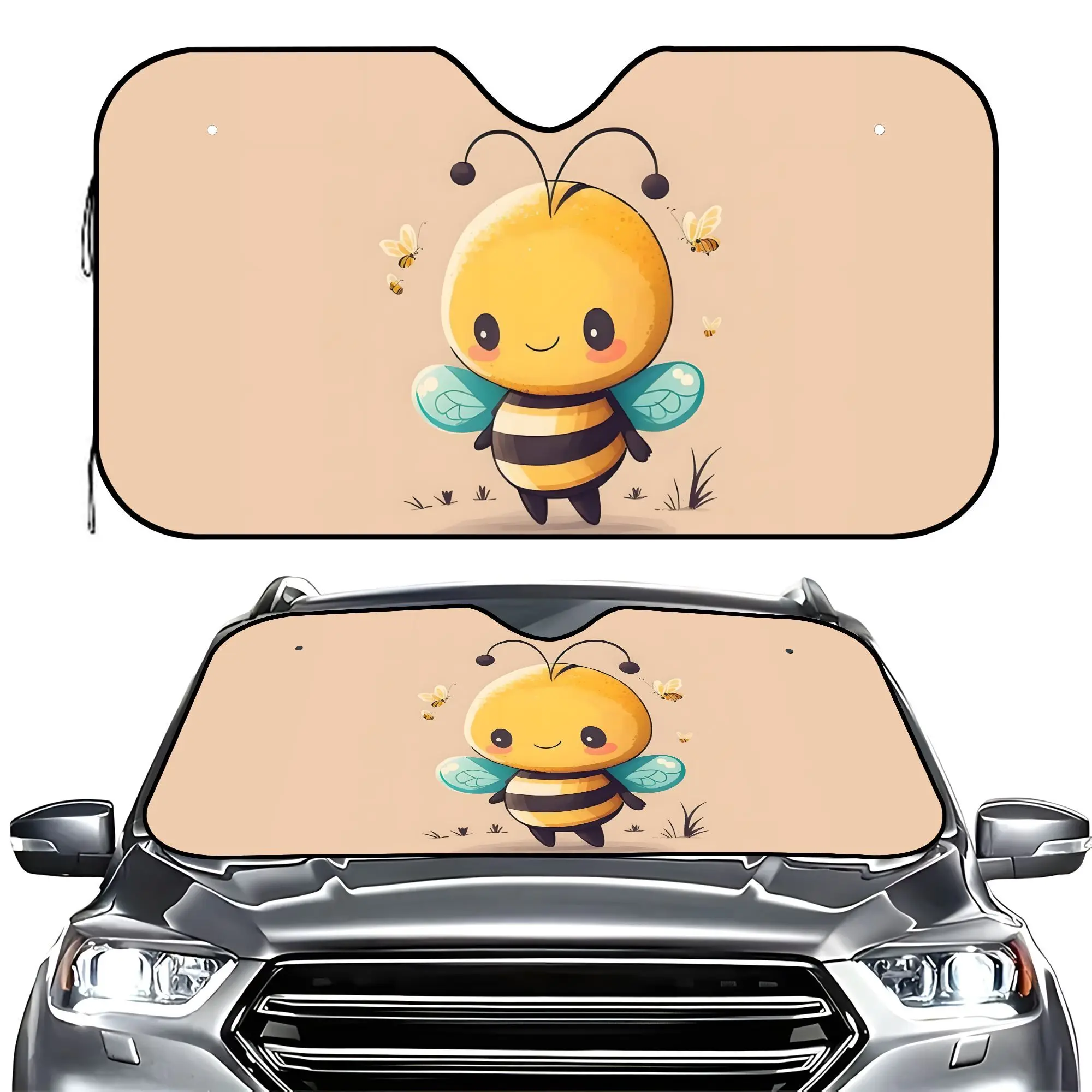 Cartoon-Style Sunshade For Featuring A Honeybee Design, Providing UV Protection For Your Windshield. It Fits Most Vehicles And M