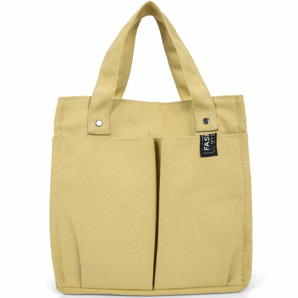 

Casual Style Solid Color Canvas Handbag Durable Multi Pocket Handle Bag Eco-Friendly Lightweight Lunch Box Bag Daily Use