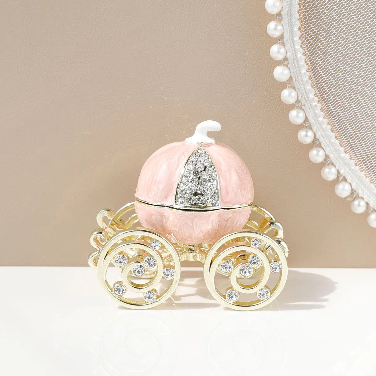 Hand Painted Enameled Cinderella Pumpkin Carriage Decorative Hinged Jewelry Trinket Box Unique Gift for Family