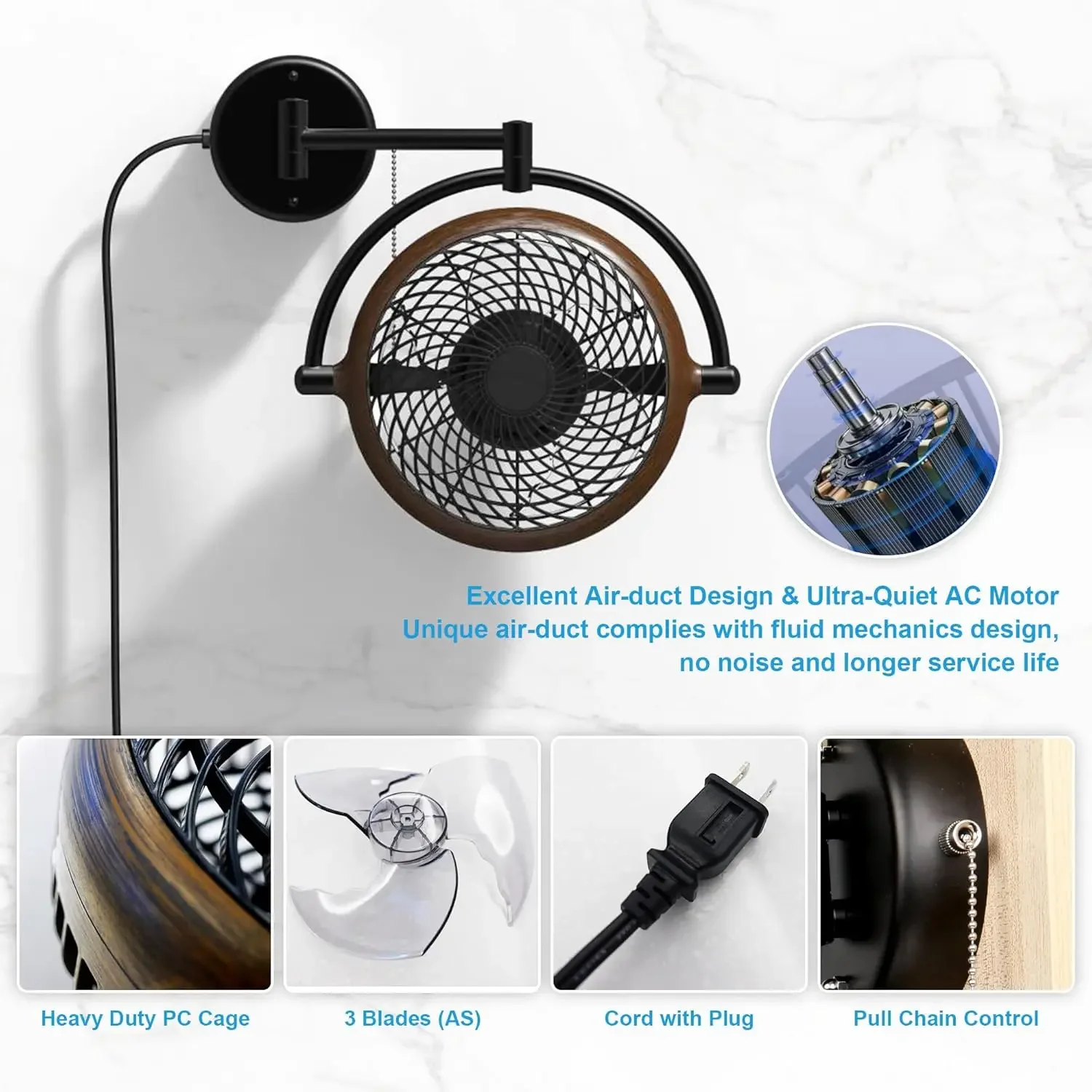 Wall Mount Fans 10 Inch Wall fans Oscillating Plug in Ceiling Fan Vintage Wall Mounted Fan Small Folding Rotating F