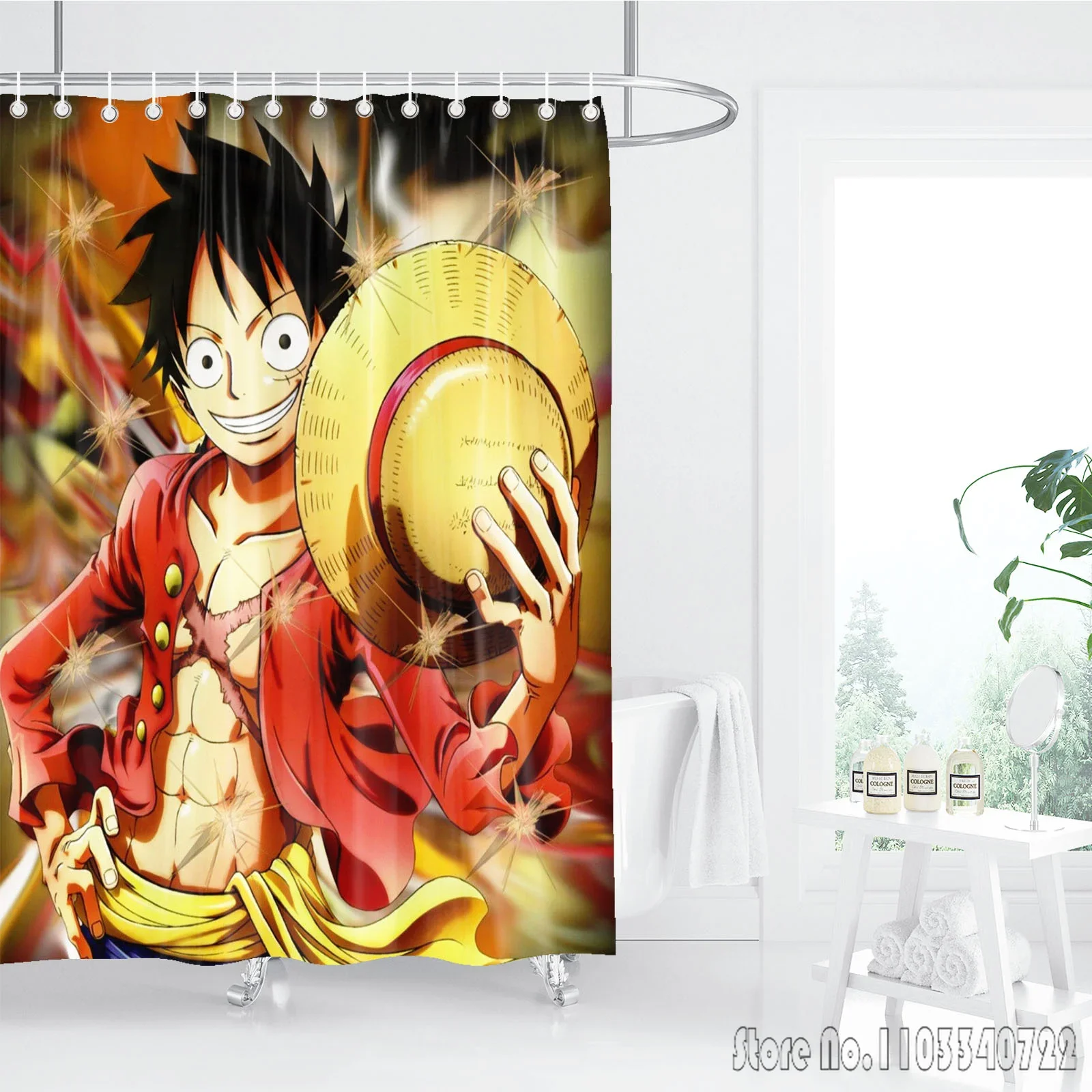 

Shower Curtain One Piece Luffy Straw Hat Anime Waterproof Fabric Bathroom Curtain with Hooks, Cartoon Bath Curtain for Home Deco