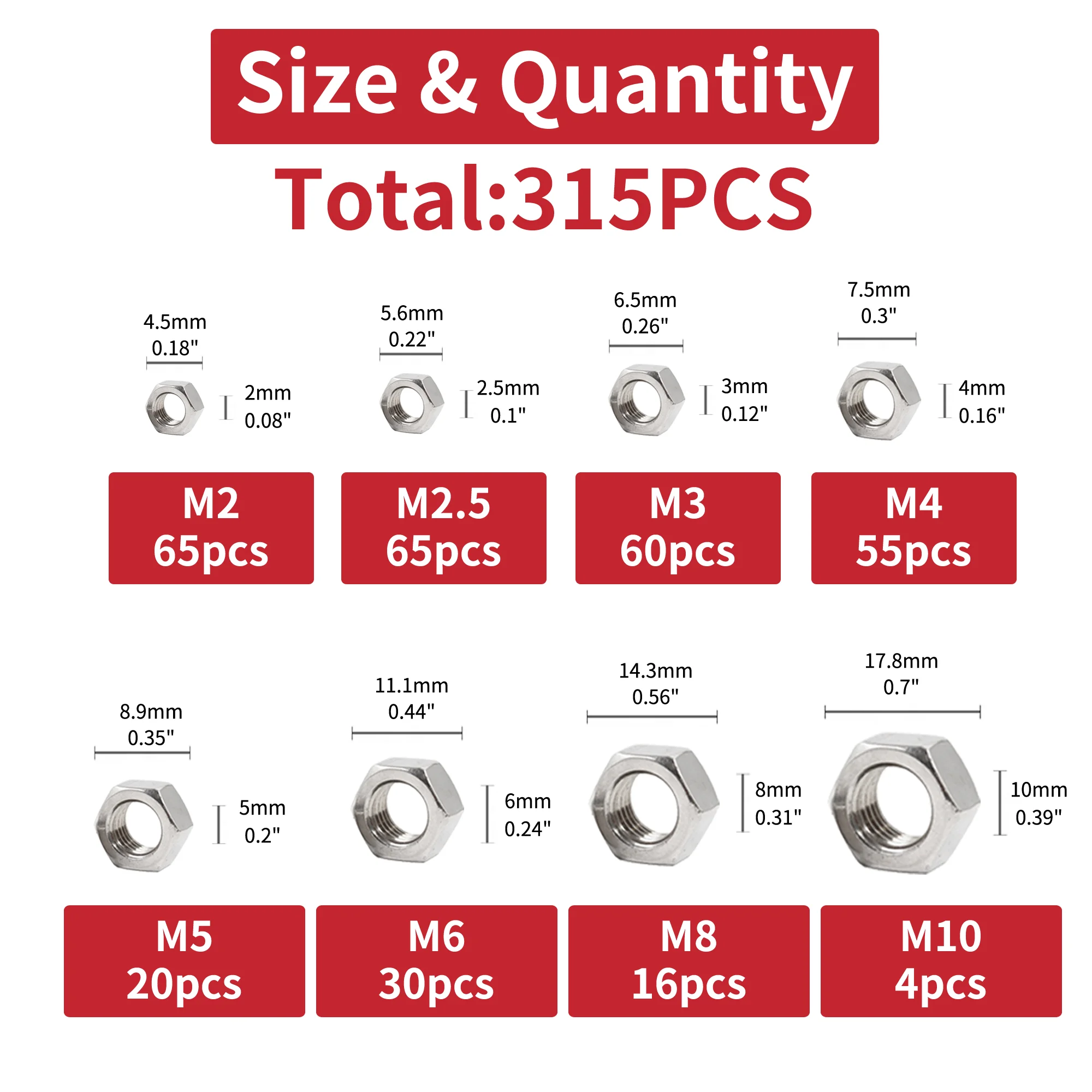 315pcs 304 Stainless Steel Hex Nuts Assortment Kit for Screw Bolt M2 M2.5 M3 M4 M5 M6 M8 M10 Hex Hexagon Nut