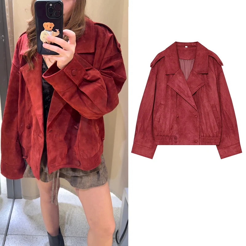 Guobioziy Women Vintage Suede Leather Jacket Lapel Double Breasted Loose Coat with Straps Retro Fall Winter Outerwear