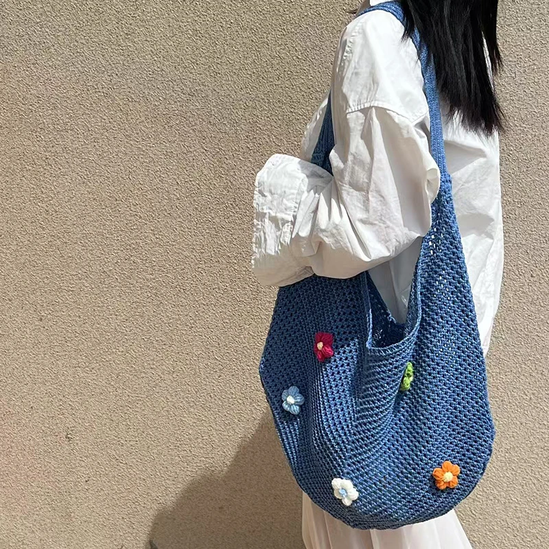 

Women Flower Knitted Shoulder Bag Fashion Tote Handbag Lightweight Summer Bag Casual Top Handle Bag Outdoor Travel Bag