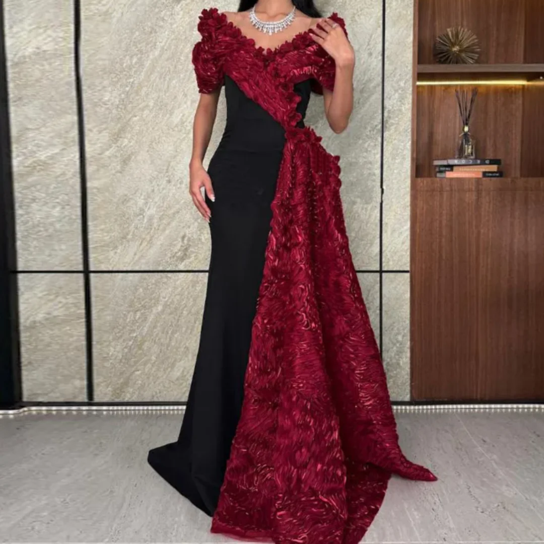 

Элегантные вечерние платья контрастного цвета с открытыми плечами, вечернее платье с розовым цветком, V-образным вырезом и рукавами-накидкой, платье русалки по индивидуальному заказу