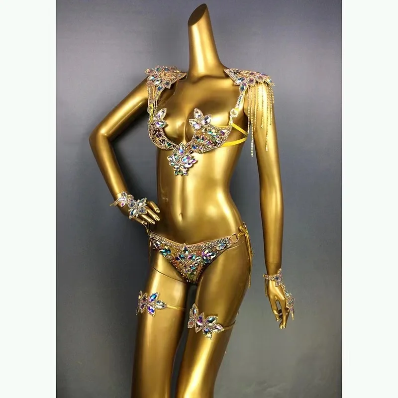 Gold Belly Dance Costumes Women Professional Luxury Crystal Samba Carnival Bra and Panty Dance Costume Nightclub Show Stage Wear